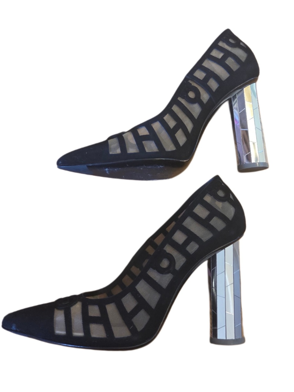 Salvatore Ferragamo Black Mesh Pointed Block Heel Pumps with Mirrored Heel